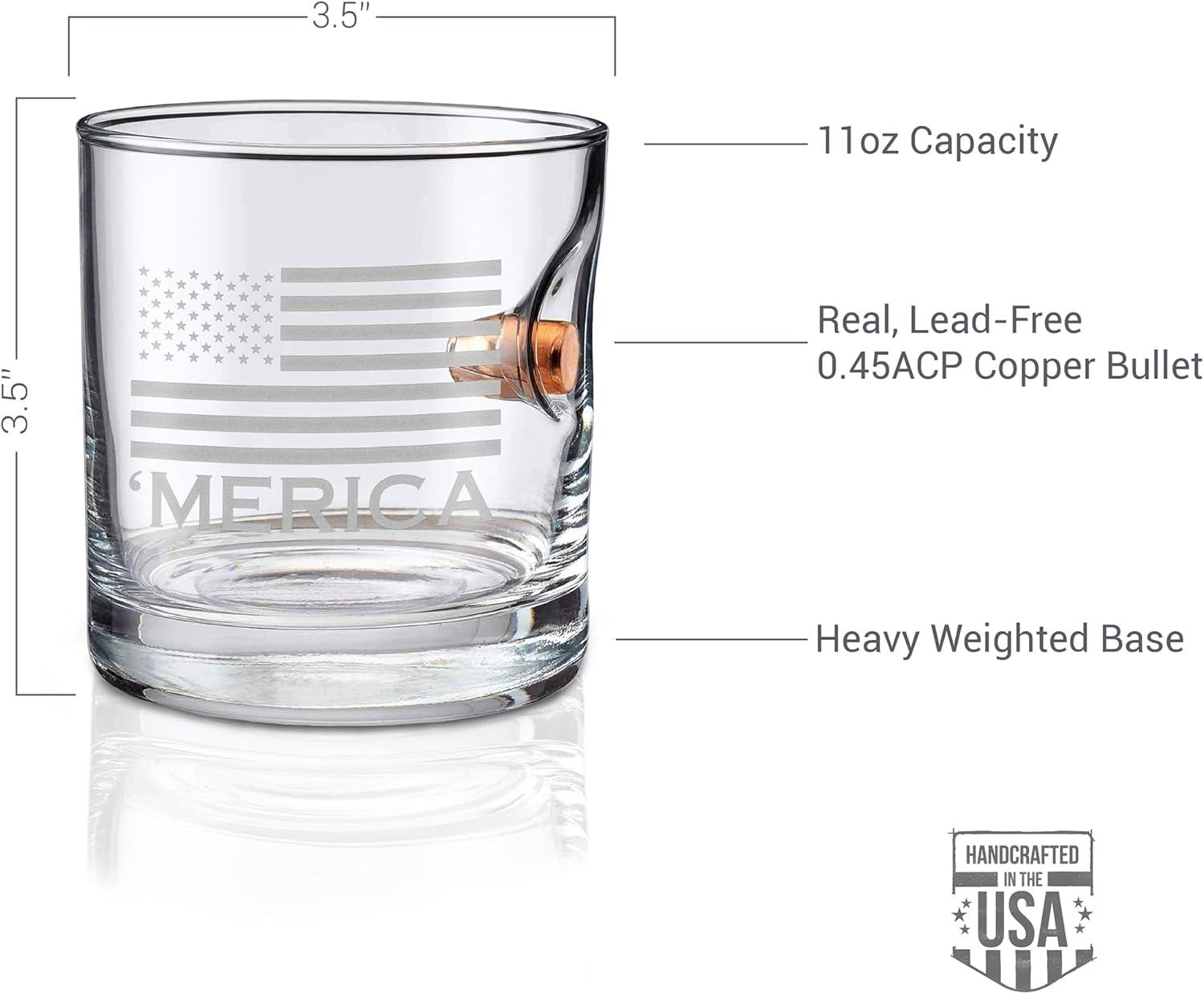 imageBenShot Merica Rocks Glass with Real 045ACP Bullet 11oz Made in the USA Set of 2