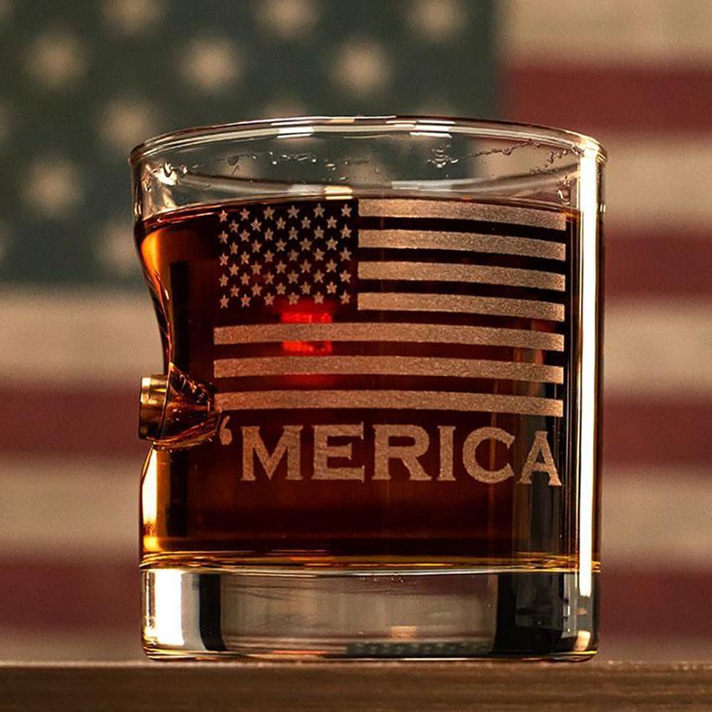 imageBenShot Merica Rocks Glass with Real 045ACP Bullet 11oz Made in the USA Set of 2