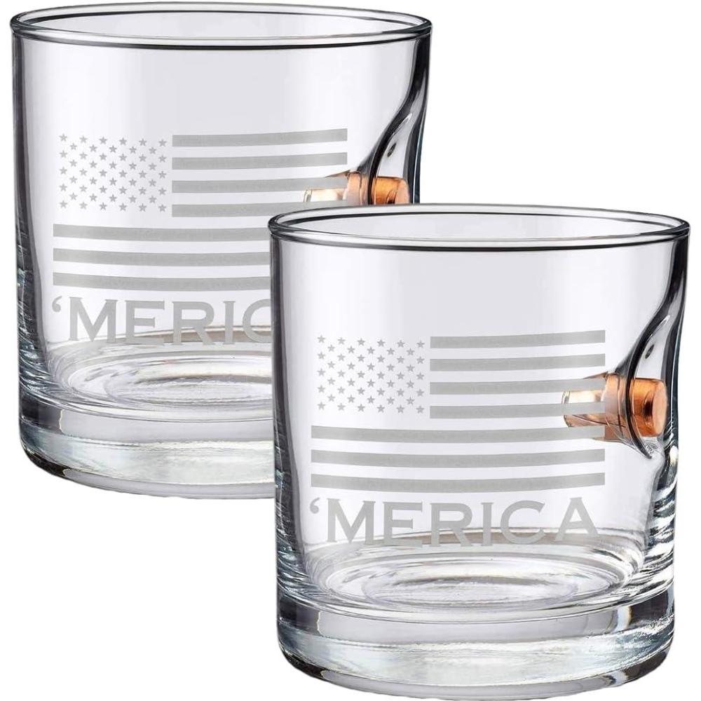 imageBenShot Merica Rocks Glass with Real 045ACP Bullet  11oz  Made in the USA Set of 2