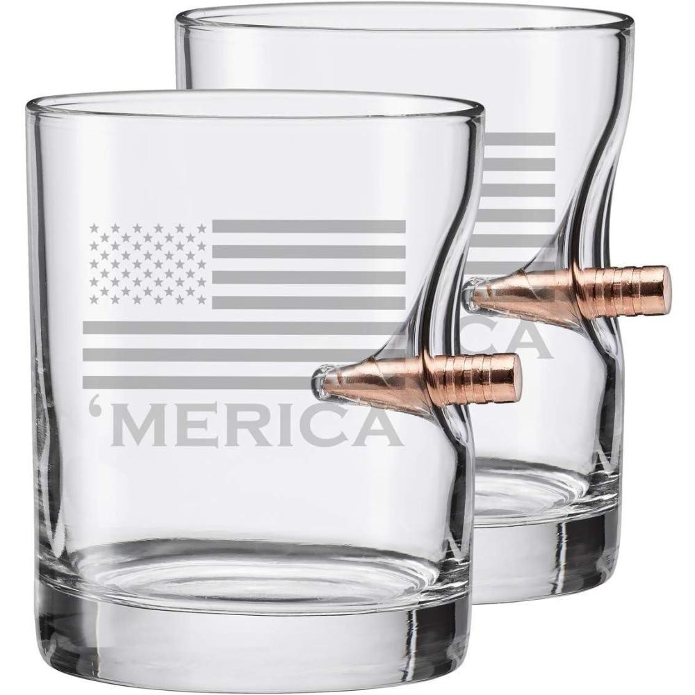 imageBenShot Merica Rocks Glass with Real 308 Bullet 11oz Made in the USA Set of 2