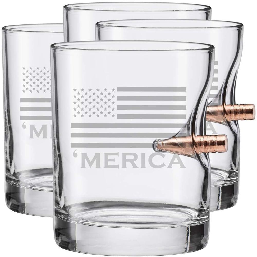 imageBenShot Merica Rocks Glass with Real 308 Bullet 11oz Made in the USA Set of 4