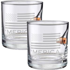 BenShot ‘Merica Rocks Glass with Real 0.45ACP Bullet – 11oz | Made in the USA [Set of 2]