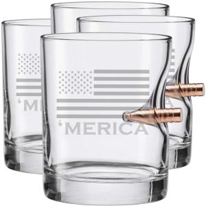 BenShot ‘Merica Rocks Glass with Real .308 Bullet – 11oz | Made in the USA [Set of 4]