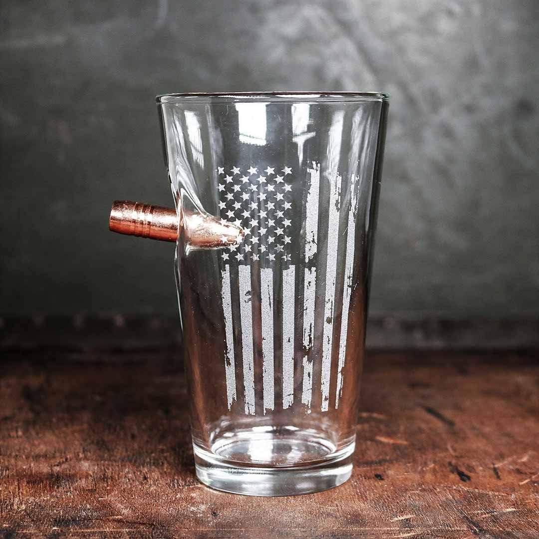image:imageBenShot US Flag Pint Glass with Real 050BMG Bullet 16oz Made in the USA Set of 4