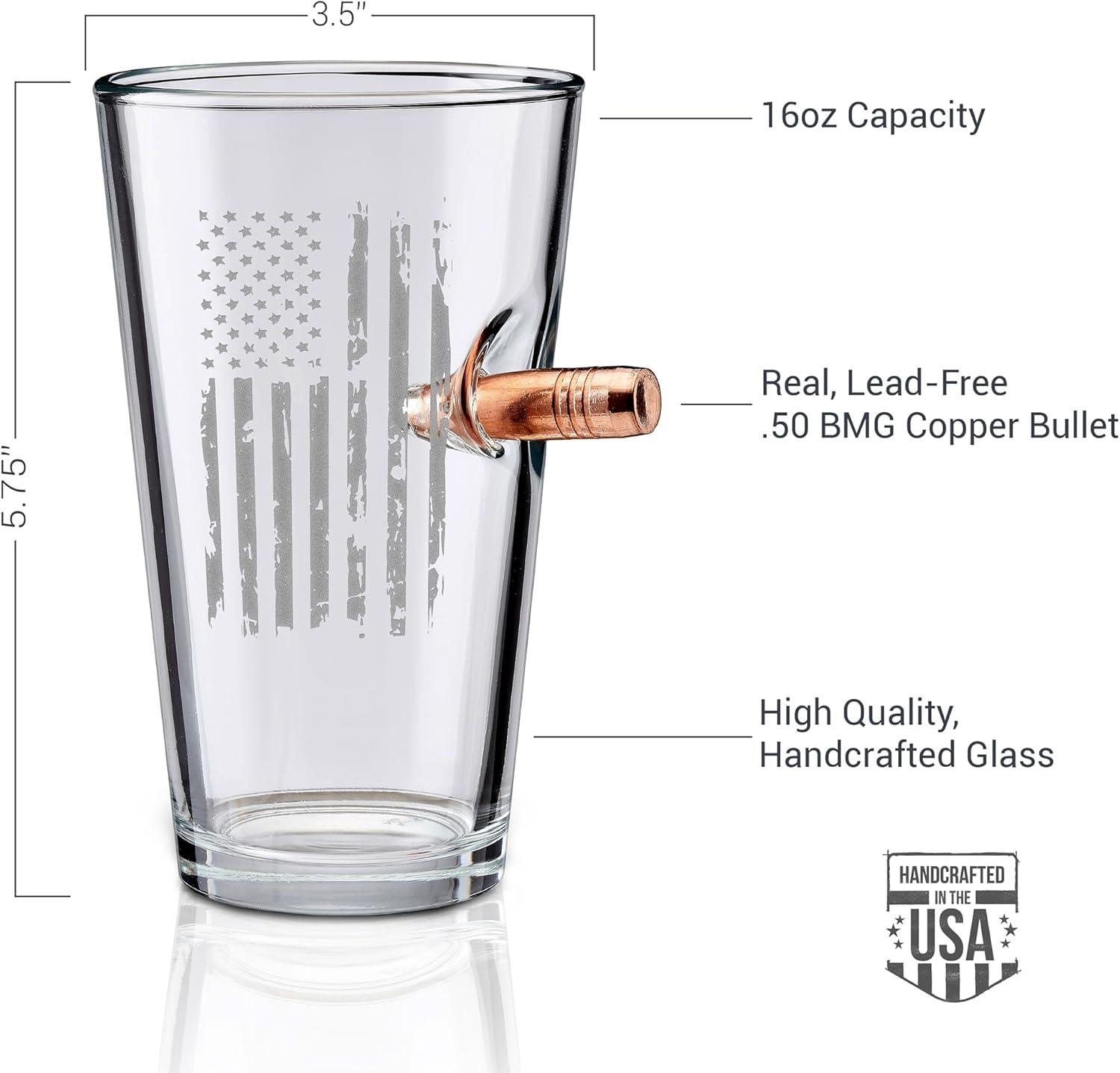 image:imageBenShot US Flag Pint Glass with Real 050BMG Bullet 16oz Made in the USA Set of 4