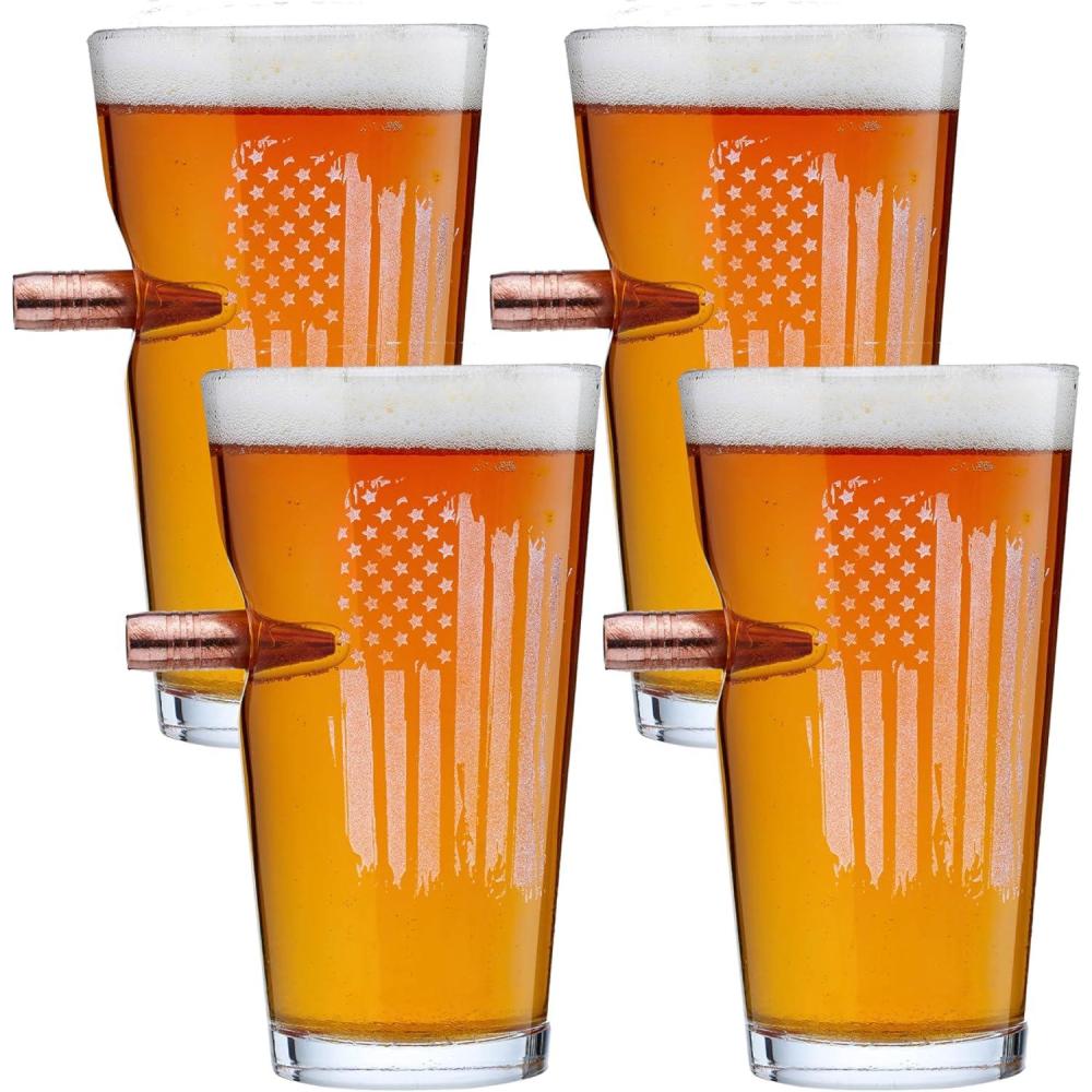 image:imageBenShot US Flag Pint Glass with Real 050BMG Bullet  16oz  Made in the USA Set of 4